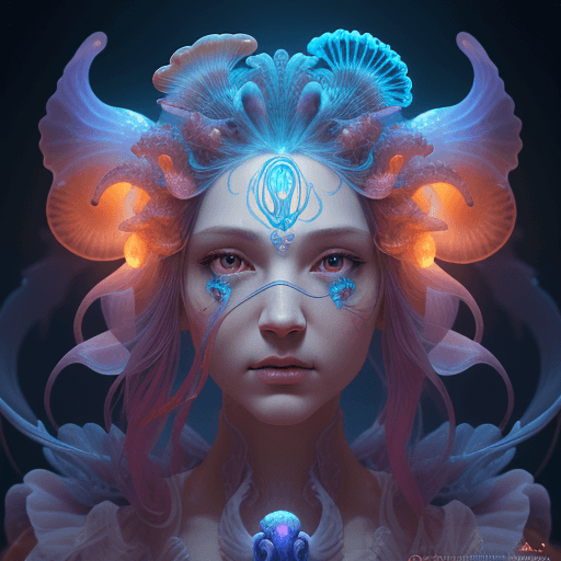 AI generated: Goddess close-up portrait ribcagel. jellyfish phoenix head, nautilus, orchid, skull, betta fish, bio...