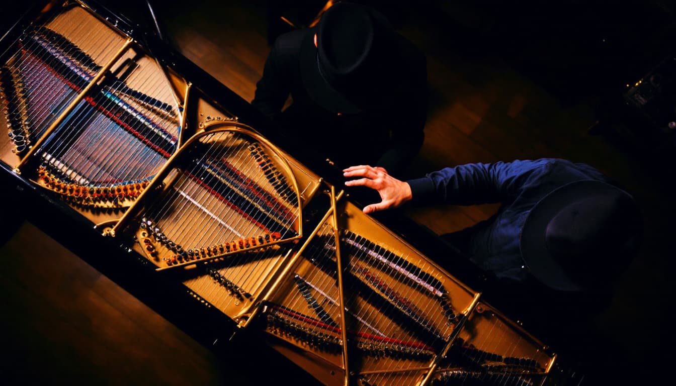 AI generated: A musician in a black shirt and hat plays a grand piano from an overhead perspective. The rich golde...
