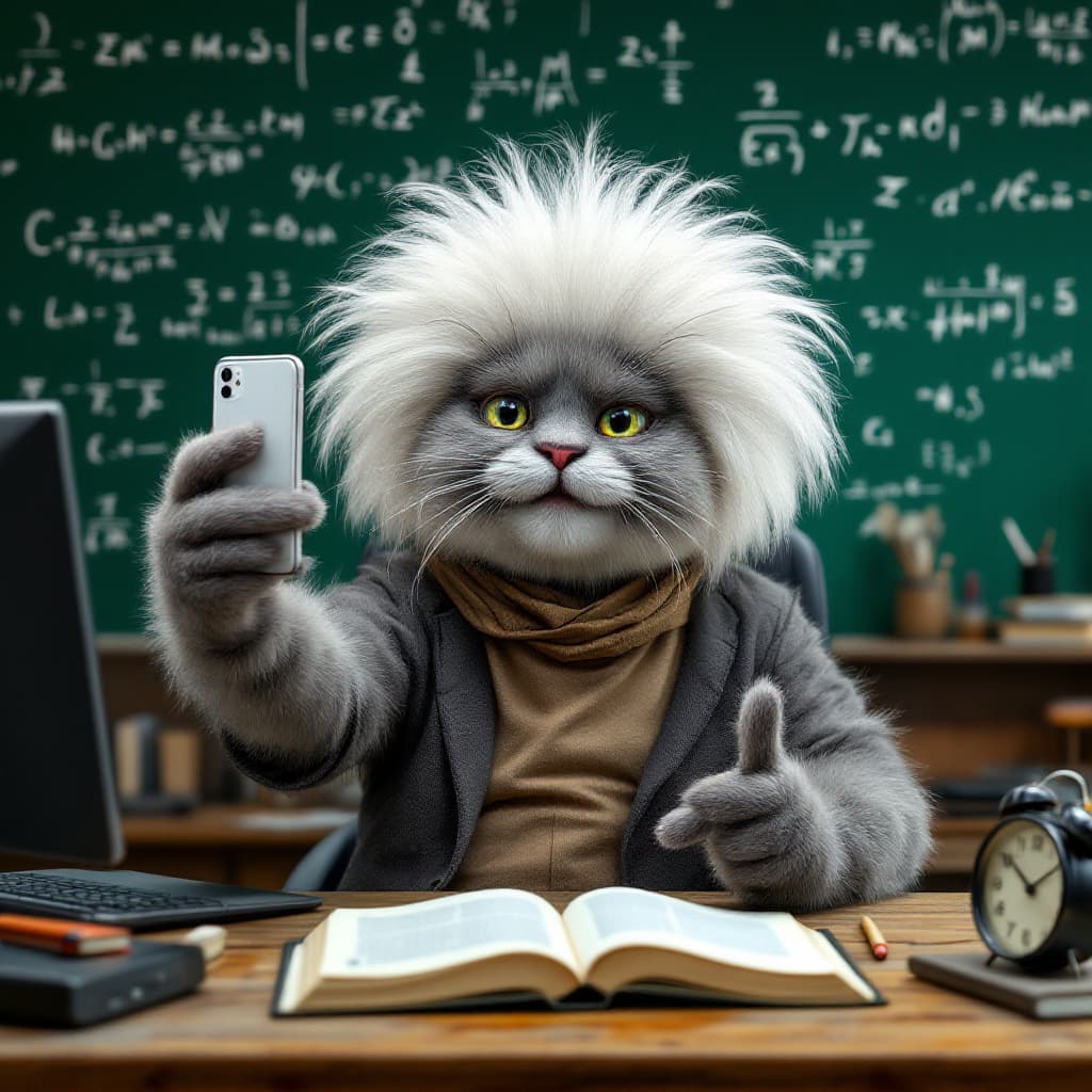 AI generated: An anthropomorphic gray British shorthair cat wearing a wild fluffy white wig and a dome-shaped bald...