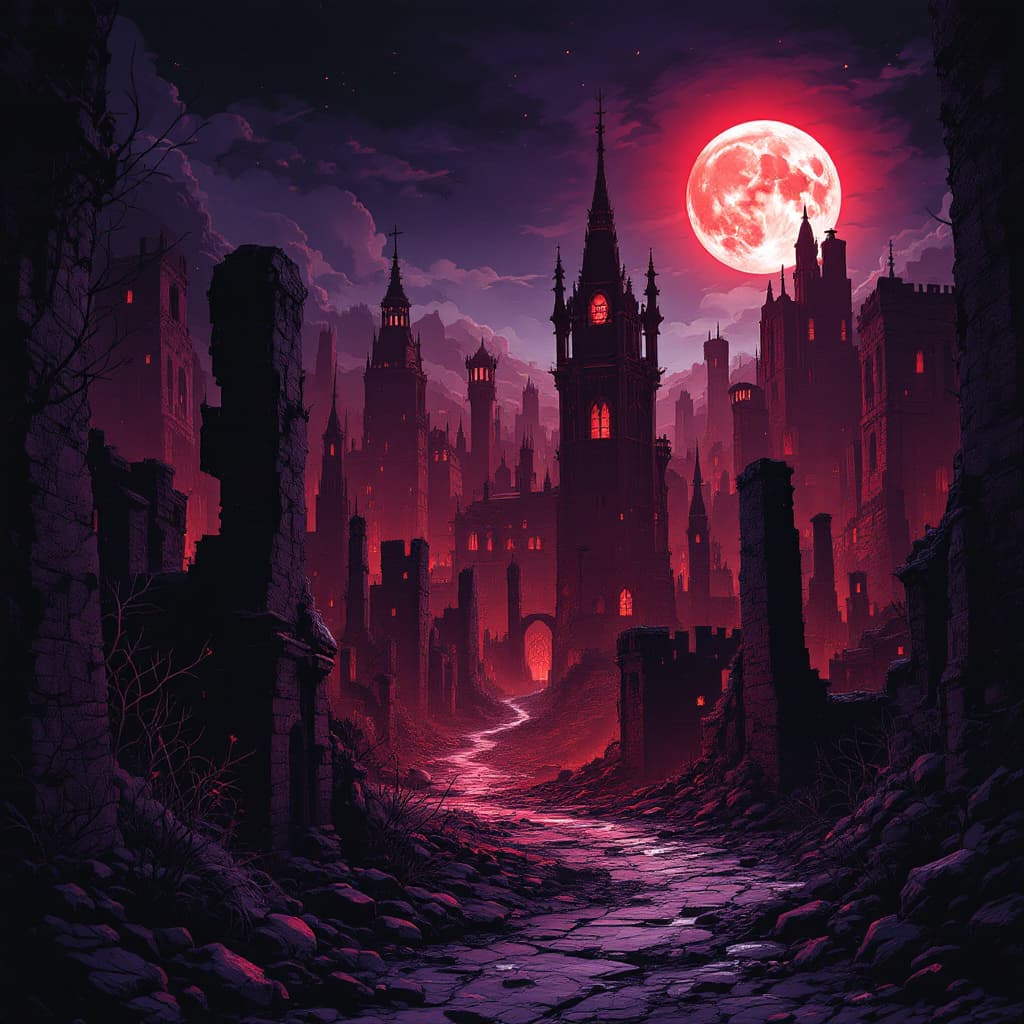 AI generated: city ruins. noir comic style, red accents, dark tones, sharp contrasts, moonlit glow, gothic archite...