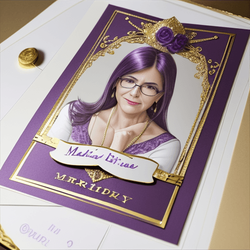 AI generated: Make me a birthday card with the name MARLENI for about 50 years, it has to be purple with gold, als...