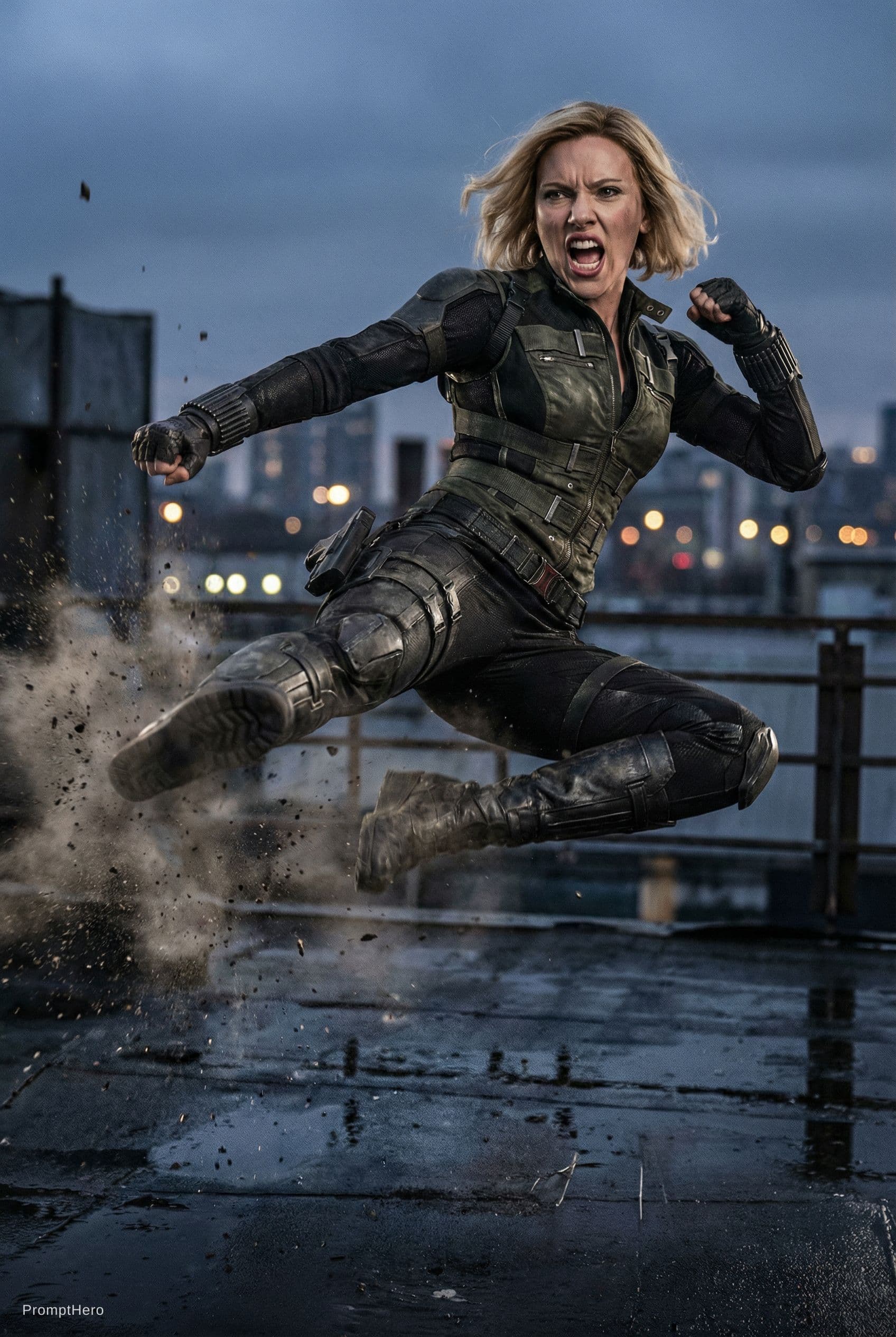 AI generated: Scarlett Johansson as Black Widow, expressive face, screaming, facing the camera, (karate kicks the ...
