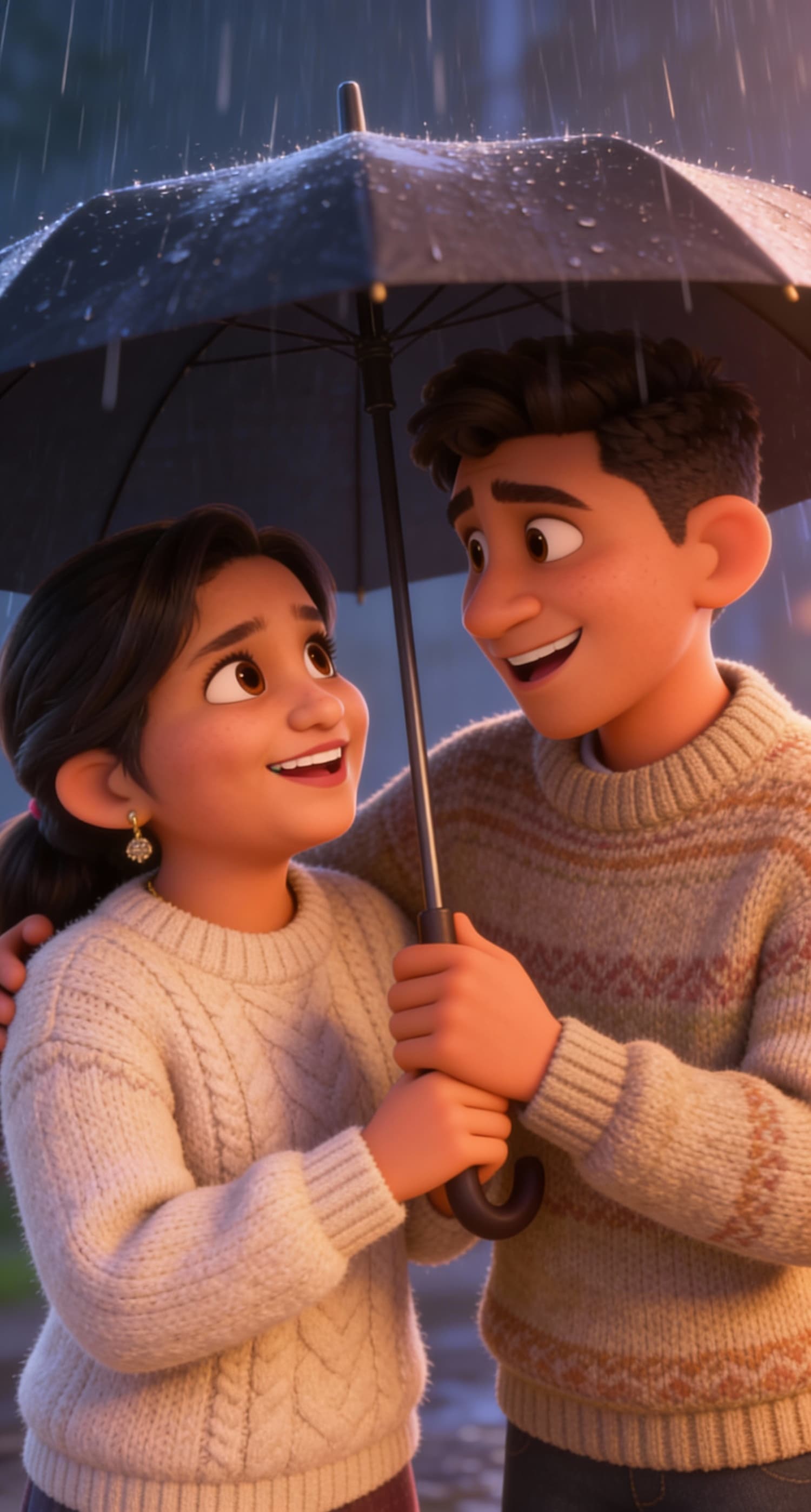 AI generated: An adorable, soft-focus, cinematic shot of a young brother and sister sharing an umbrella in the rai...