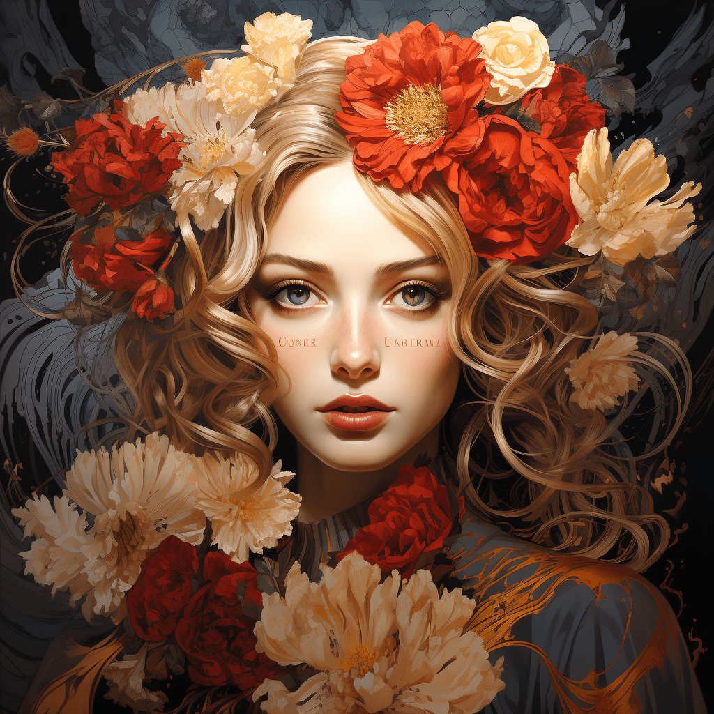 AI generated: commercial illustration featuring an Instagram model adorned in elegant flowers in her hair, with ca...