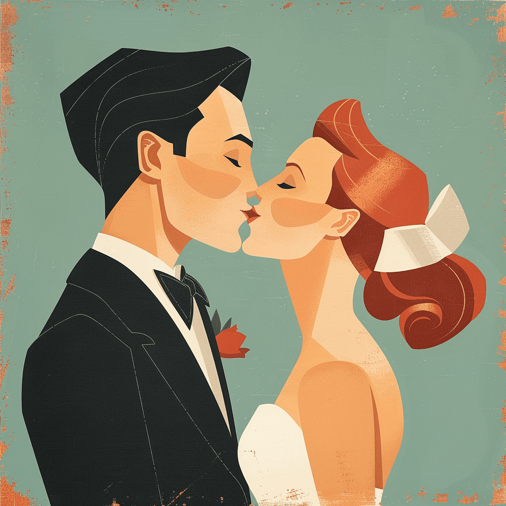AI generated: An illustration of Wedding couple, kissing, style of Martin Schwartz, ––ar 2:3 --style raw