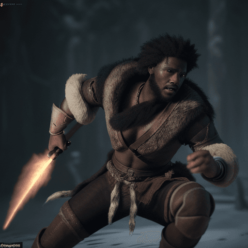AI generated: Black man wearing wolf pelt fights off slavers in 1584 with glowing magic, hyper-realism, high detai...