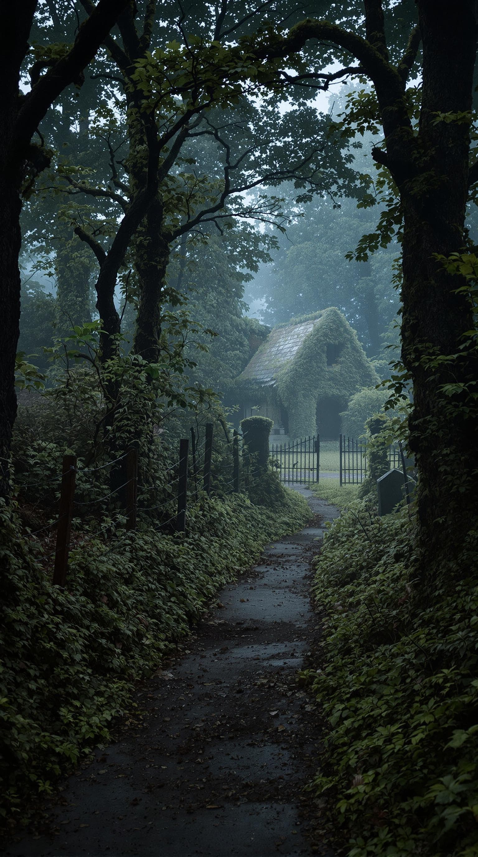 AI generated: A hyper-realistic forest path at dusk, now almost completely consumed by nature. The narrow dirt pat...