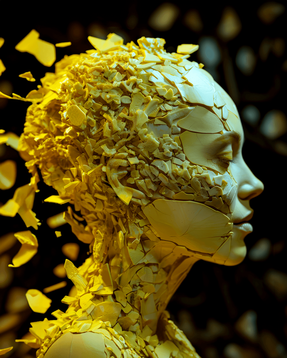 AI generated: the anatomy of a woman's head made of florescent yellow domino pieces and smashed sea shells, octopa...