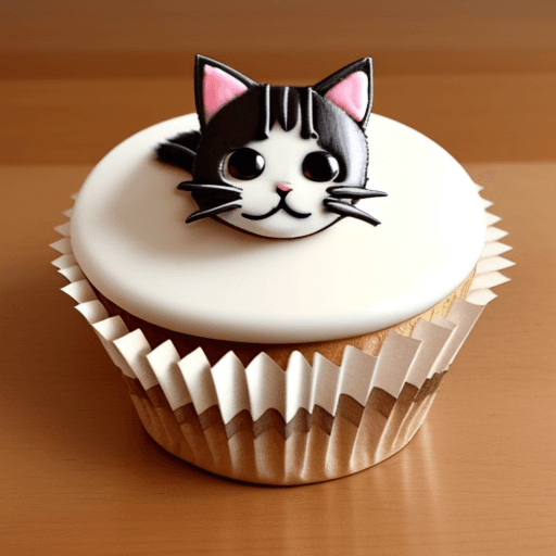 AI generated: a cat cupcake on a   have cat chip on it,
wooden table,