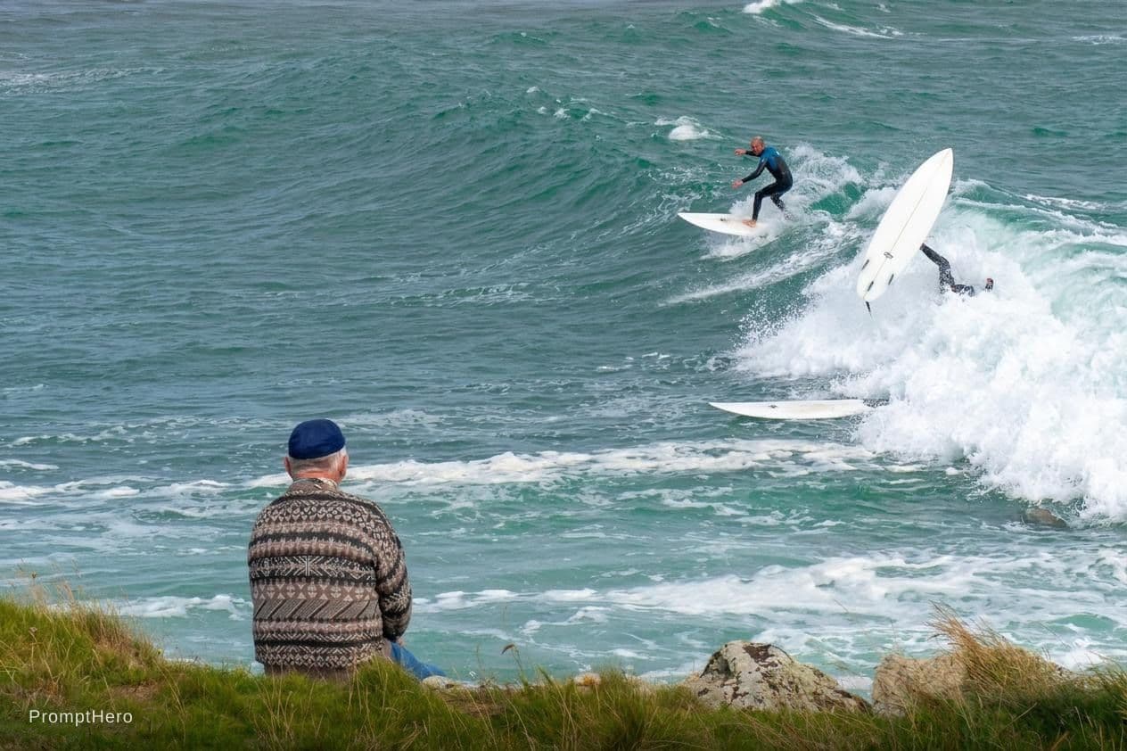 AI generated: Image-to-video. The surfer catches the wave, loses his footing, falls sideways off the board. The su...