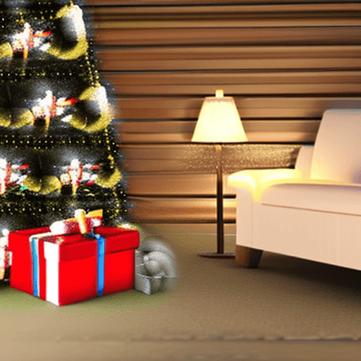 AI generated: santa laying on sofa sleeping warm cabin couch couch gift box christmas tree lights cartoon 3d style...