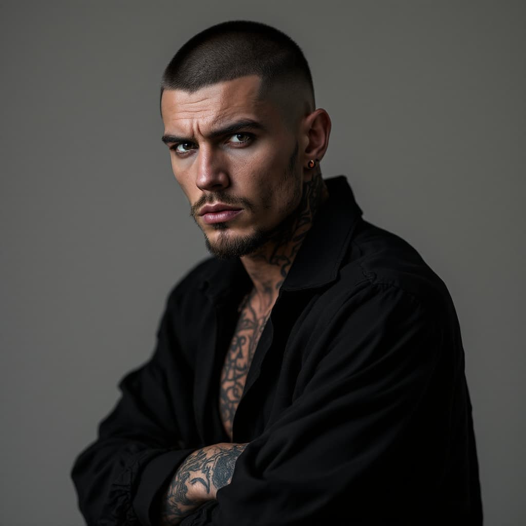 AI generated: high-resolution editorial photography, long range tilt shot, professional fashion male model, upper ...