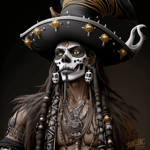 AI generated: Exotic male witch doctor, pirates of the Caribbean style witch doctor, brown skin, witch doctor clot...