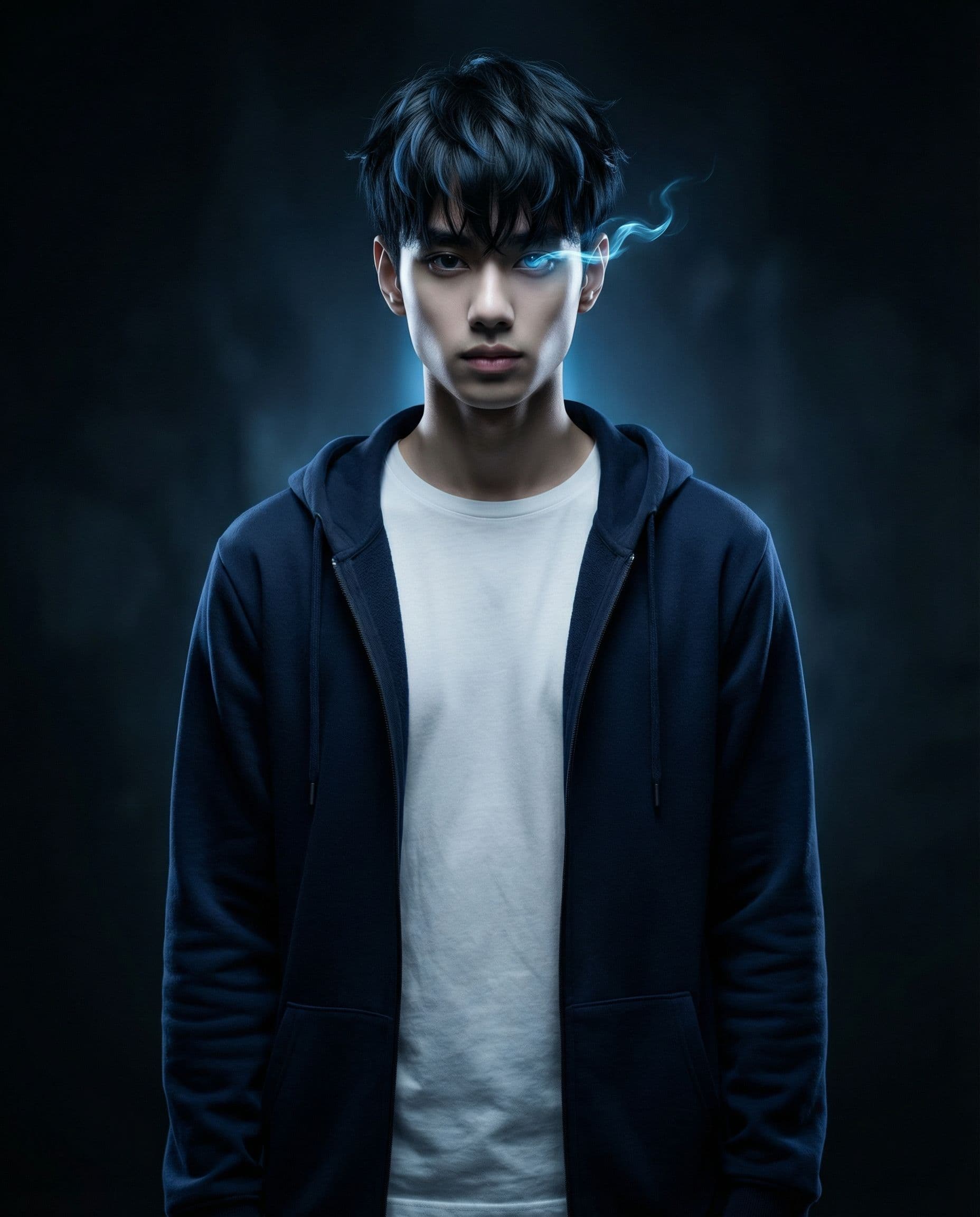 AI generated: A photo-realistic full body-portrait of Sung Jin-Woo from Solo Leveling  with piercing dark eyes wit...