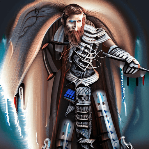 AI generated: a male desiccated norse draugr with flaming blue eyes and a cloak in a dark moonlit background, cine...