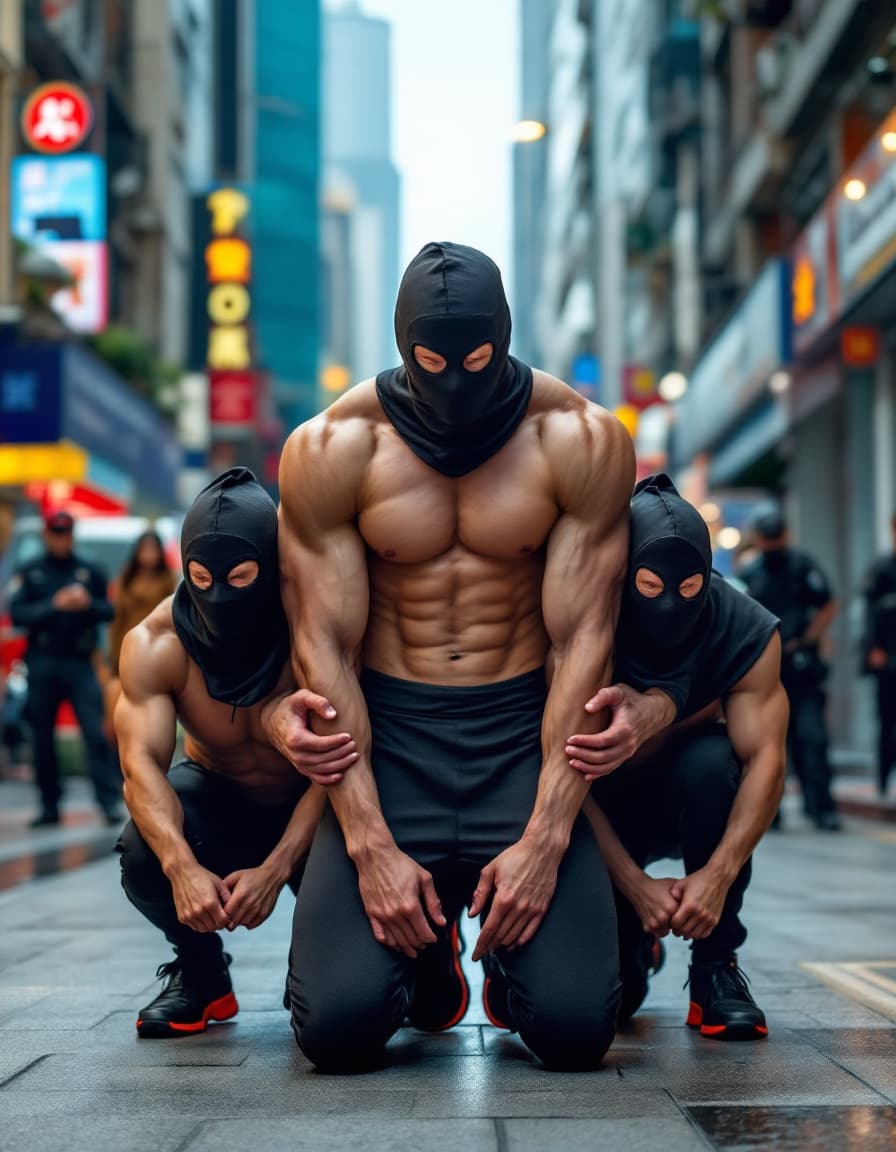AI generated: Police arrest three Chinese men athletes in Hong Kong during the day. Their hands are upwards. Their...