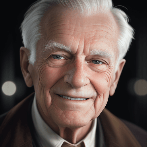 AI generated: photograph close up portrait 85-year-old Robin, clean shaven, kindly smiling at camera, stoic cinema...