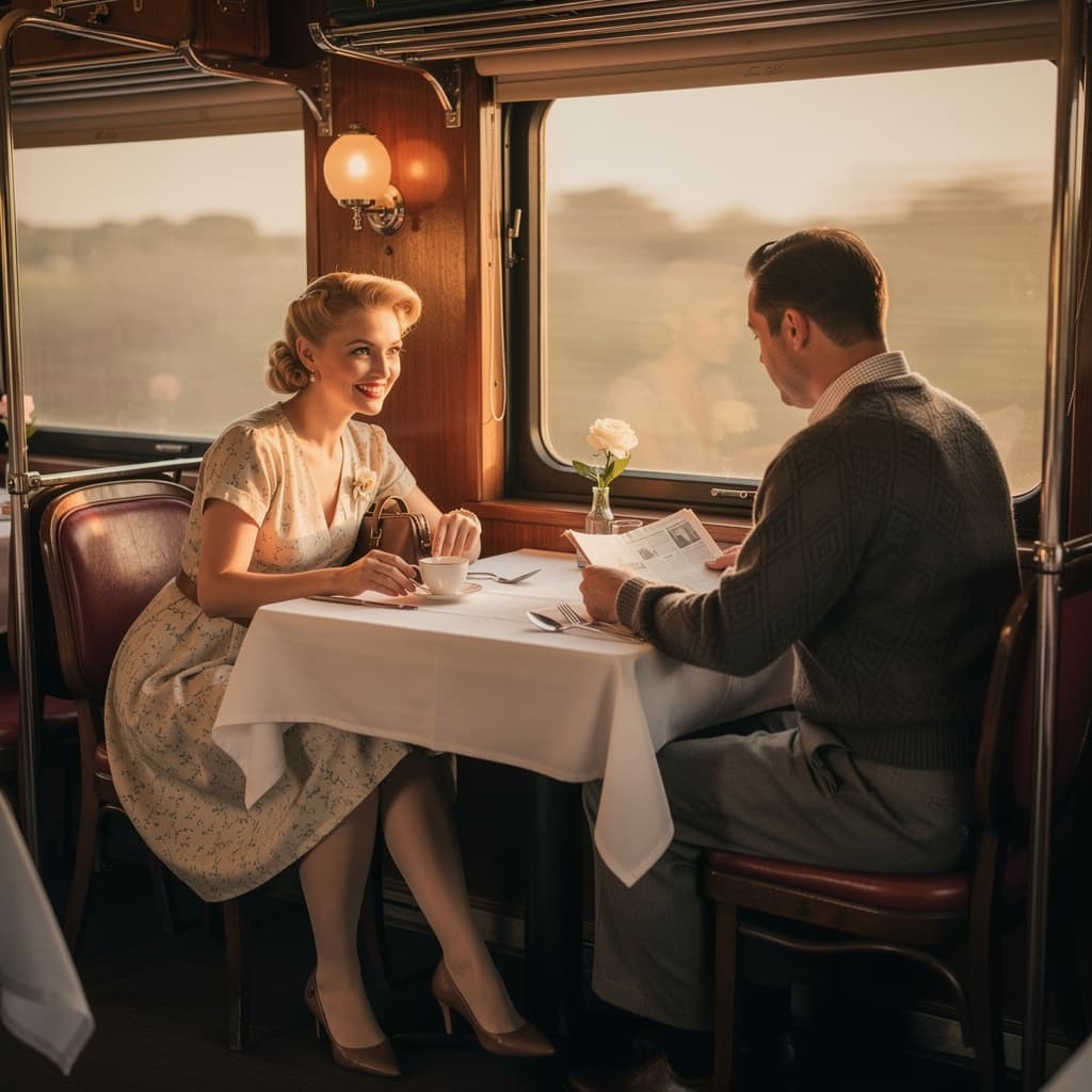 AI generated: A beautiful young blonde russian woman is seated on the left side of an 1945 passenger train dining ...
