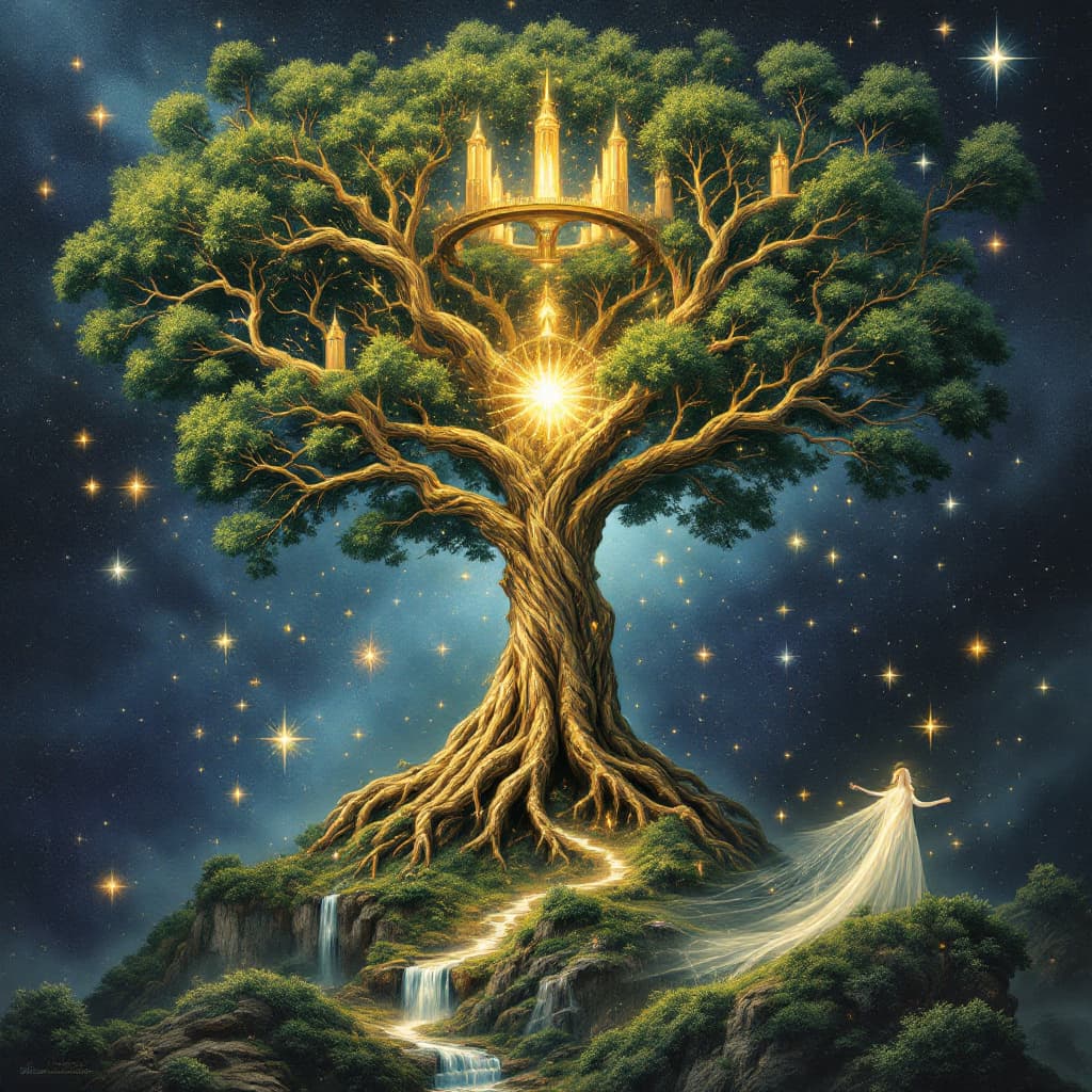 AI generated: A vast, cosmic Yggdrasil, the World Tree, stretches into the star-speckled void of space, its massiv...