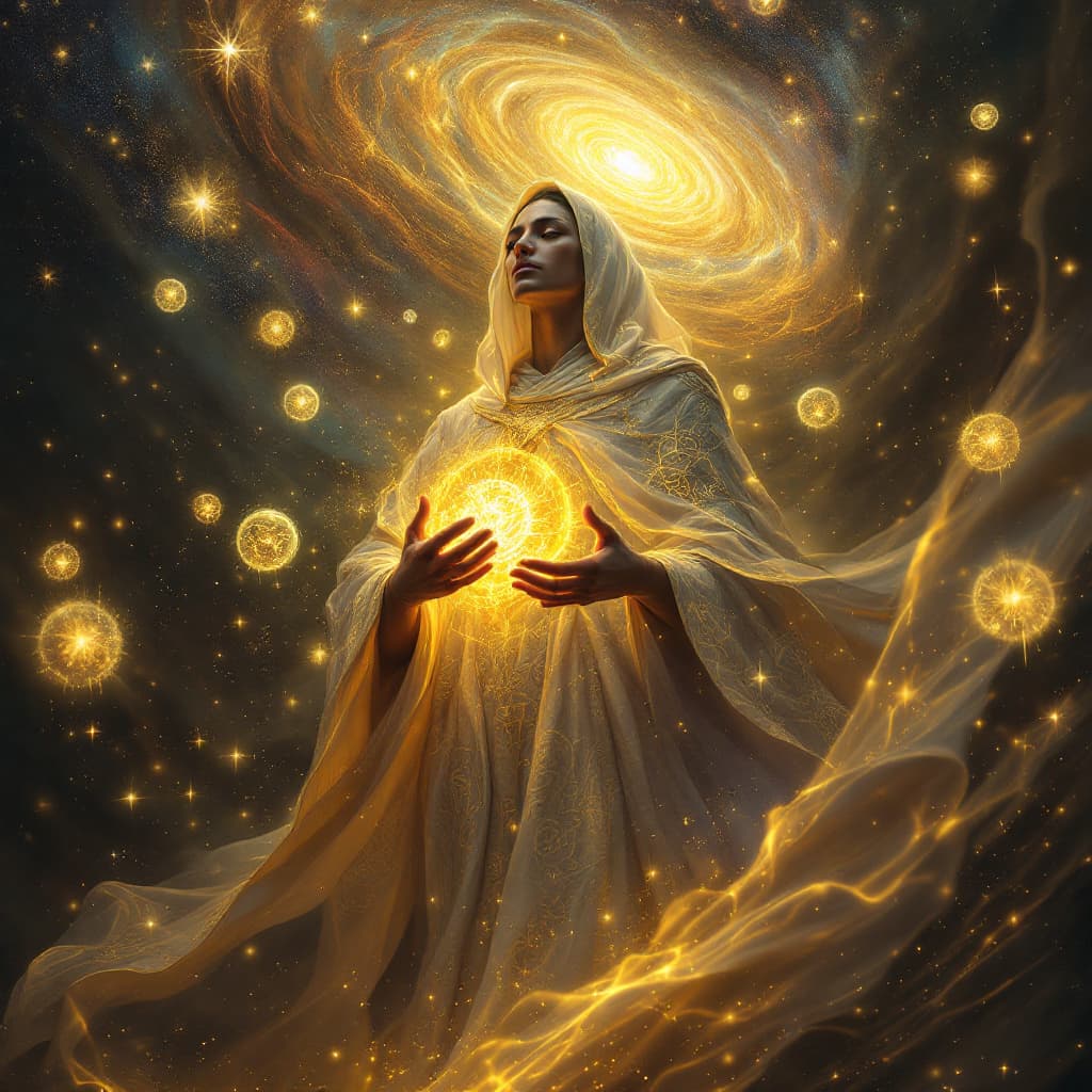 AI generated: "A solitary figure stands on the edge of a vast, glowing abyss, cloaked in flowing robes that shimme...