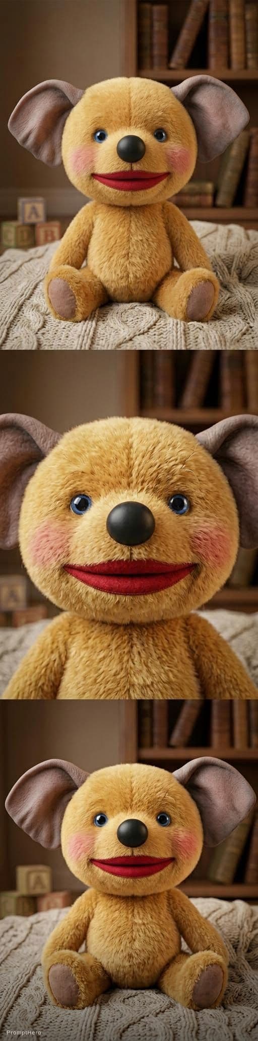 AI generated: Create a teddy bear with elephant-like ears, golden-colored fur, and a round face shape. It should h...