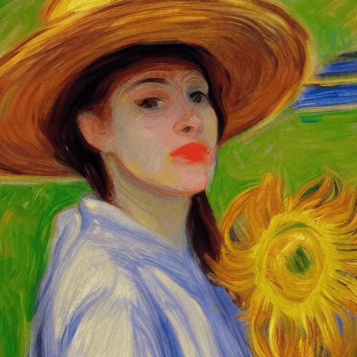 AI generated: impressionist painting, realistic face of woman, sunflower hat, texture, 4k, detail focused, extreme...