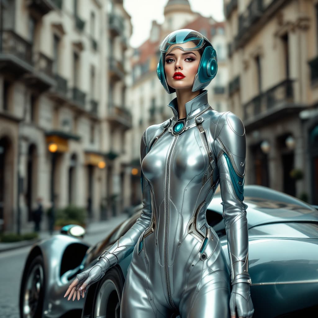 AI generated: A futuristic and elegant woman standing next to a sleek, retro-futuristic car in an ornate European ...