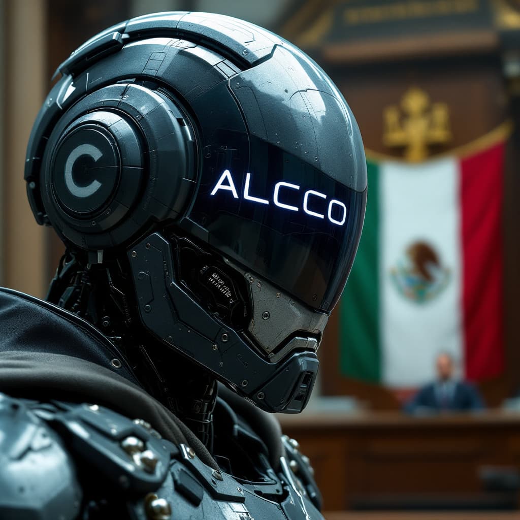 AI generated: Make a realistic image, hyper-realistic, UHD, cyborg features, robot, in his helmet the word ALCCO, ...