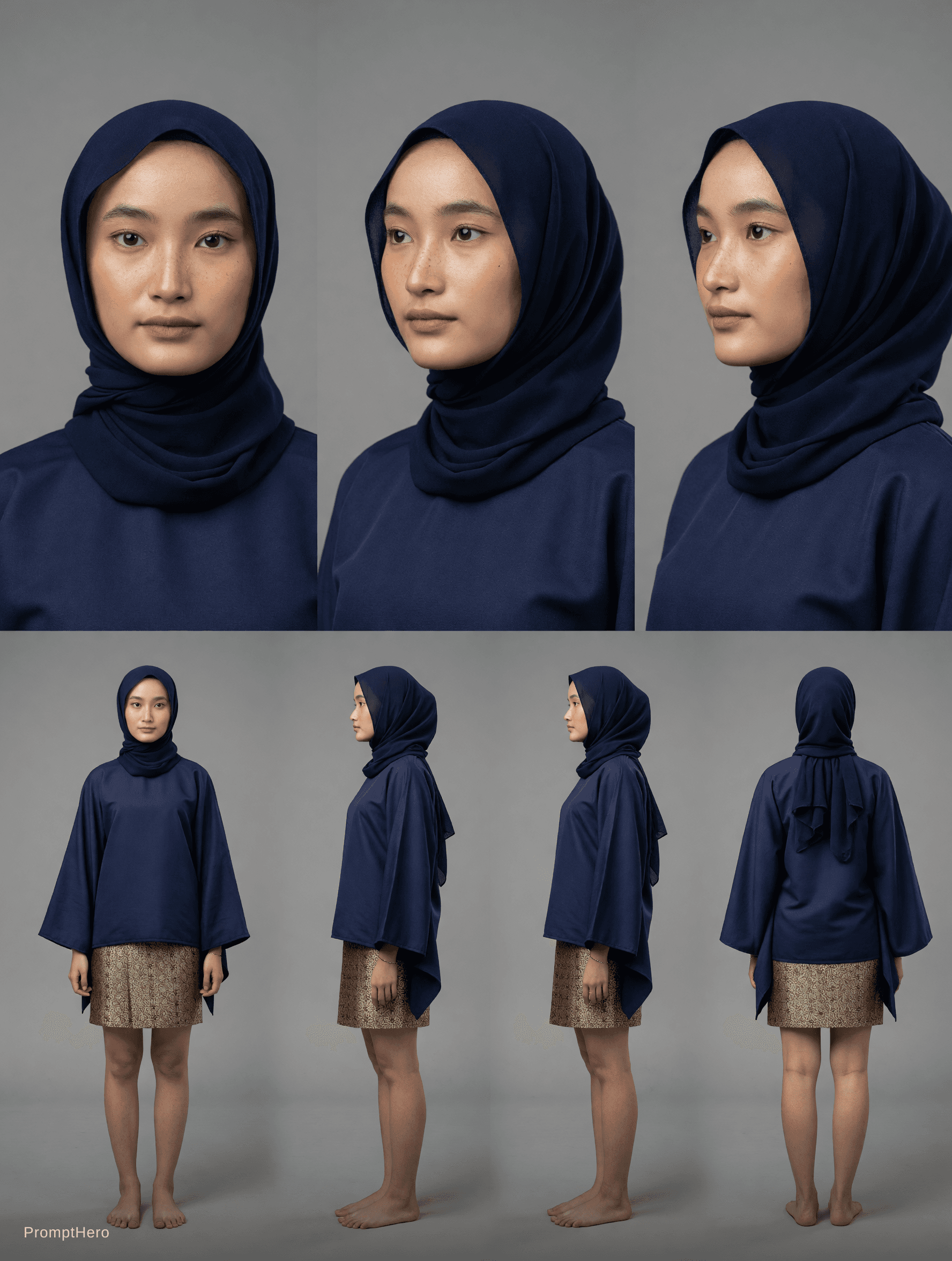 AI generated: Create a realistic DSLR character sheet on a grey backdrop using these uploaded selfies as the prima...