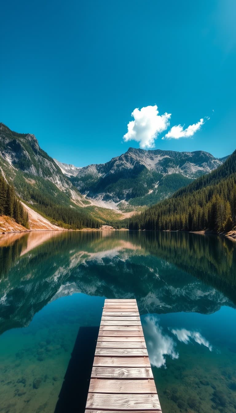 AI generated: A clear, reflective mountain lake surrounded by lush pine forests and towering peaks. The surface of...