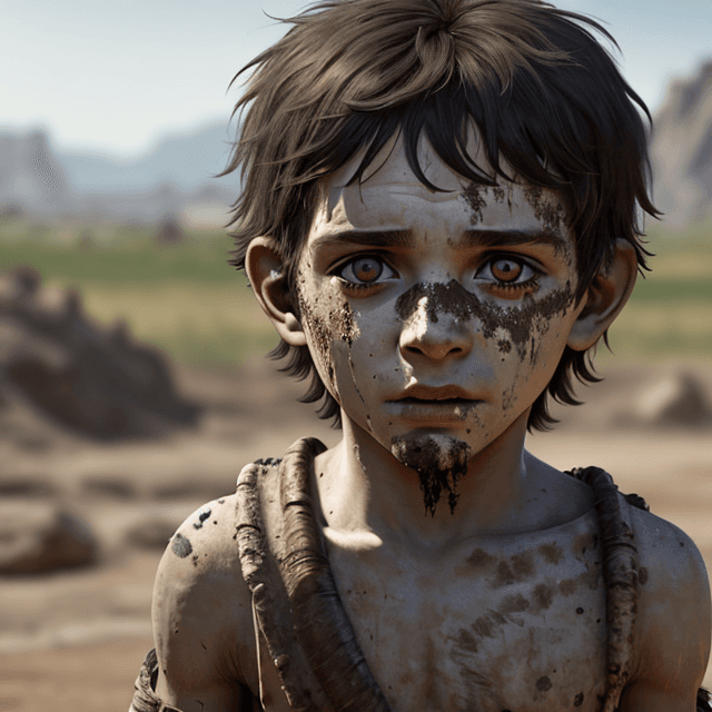 AI generated:  the dirty face of a young prehistoric boy, sidel view, 8k