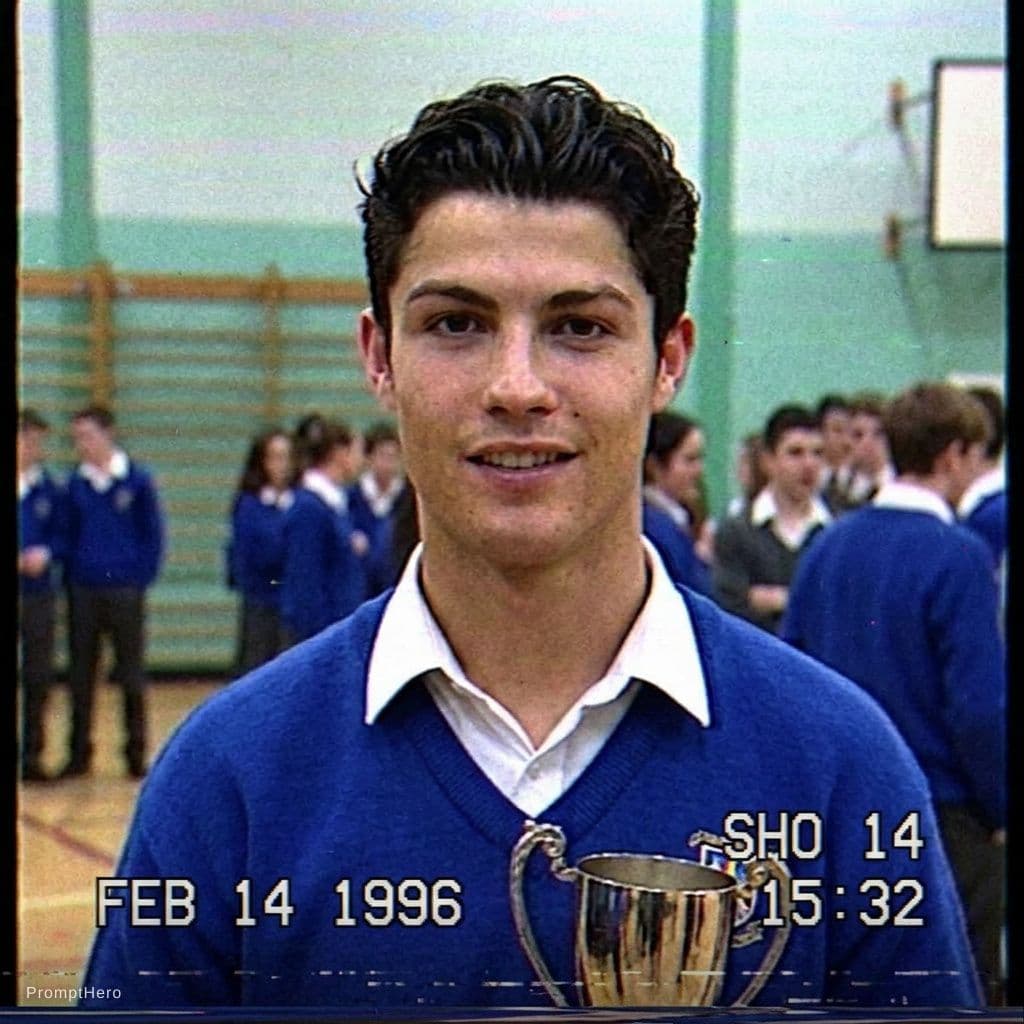 AI generated: Image of Cristiano Ronaldo from a VHS camcorder recorder in a highschool in Feb of 1996. Same grain ...