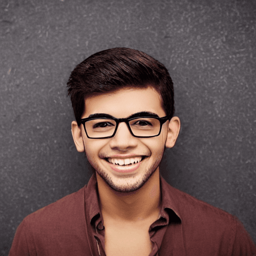 AI generated: youthful male , square face , square glasses , nerd, short  hair, middle eastern, small lips, smile,...