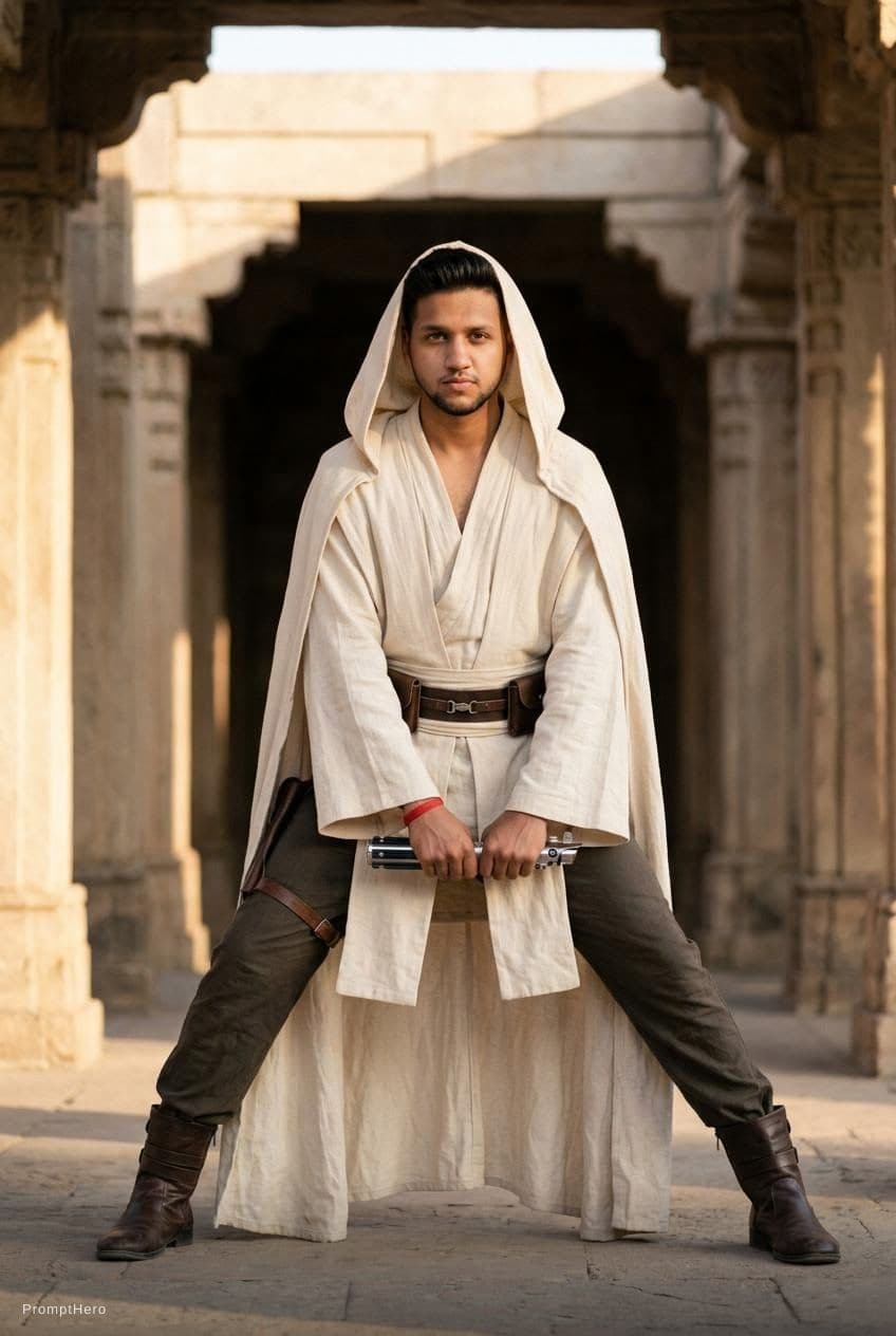 AI generated:  Mood: serenity; atmosphere peaceful; fashion photography; Mario Testino; Male Model full body; Jedi...