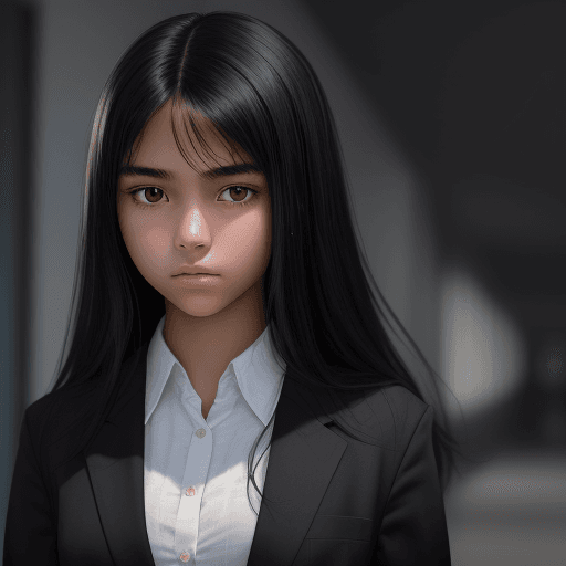 AI generated: 14-year-old black-haired female student, full-body portrait, beautiful face, perfect face, deep in t...