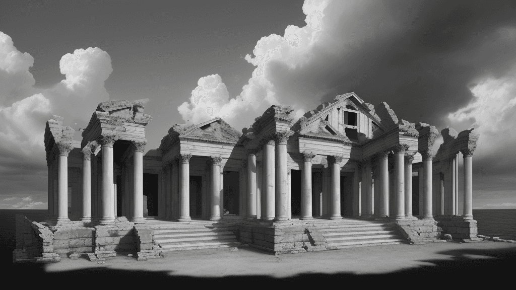 AI generated: The painting depicts the ruins of an ancient Roman palace, with black and white clouds in the sky ab...