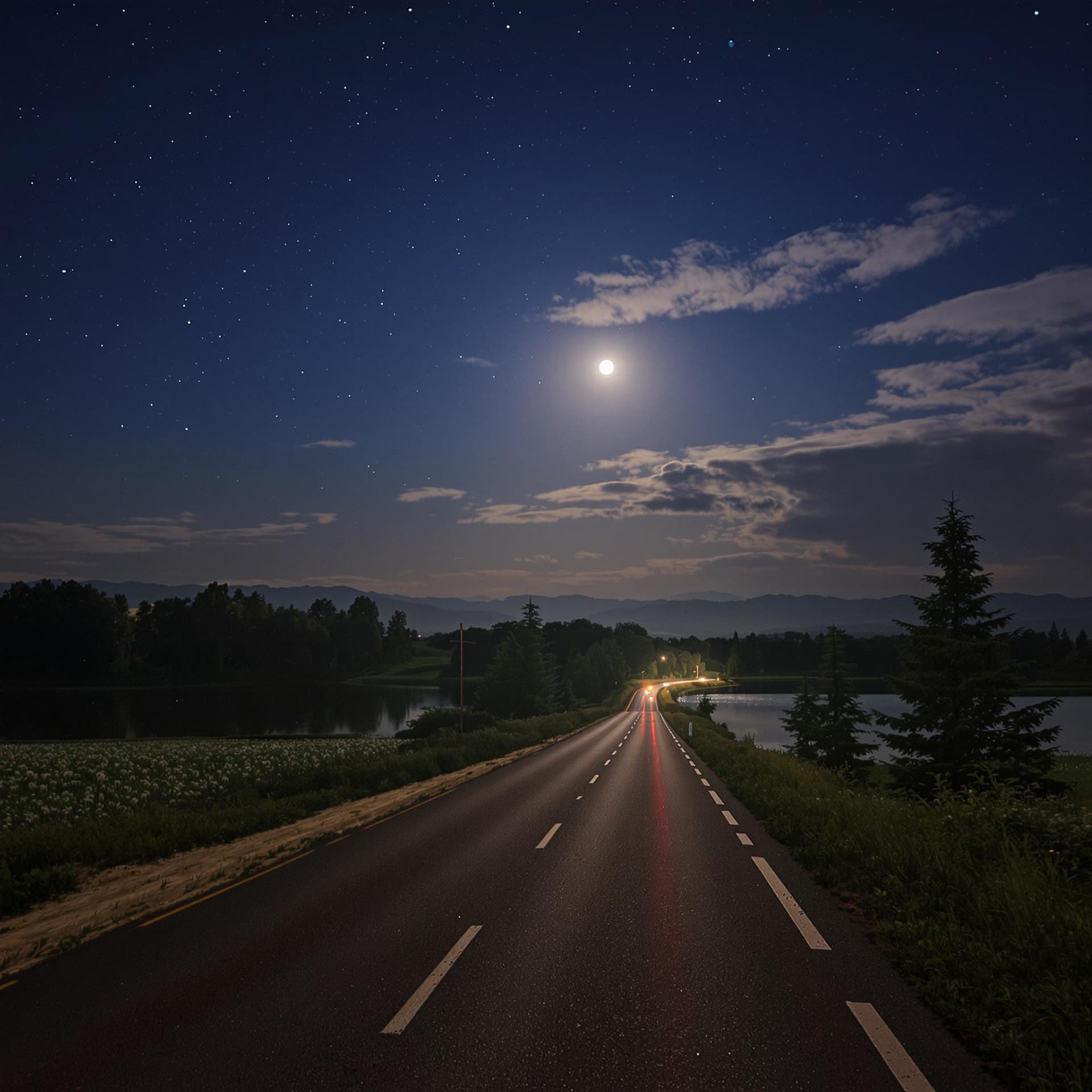 AI generated: a beautiful moon night empty road include trees,lake 