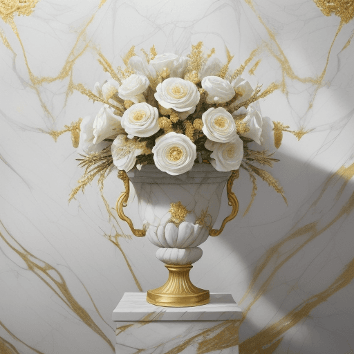 AI generated: White and gold flowers growing on marble, in the style of graceful sculptures, loose paint applicati...