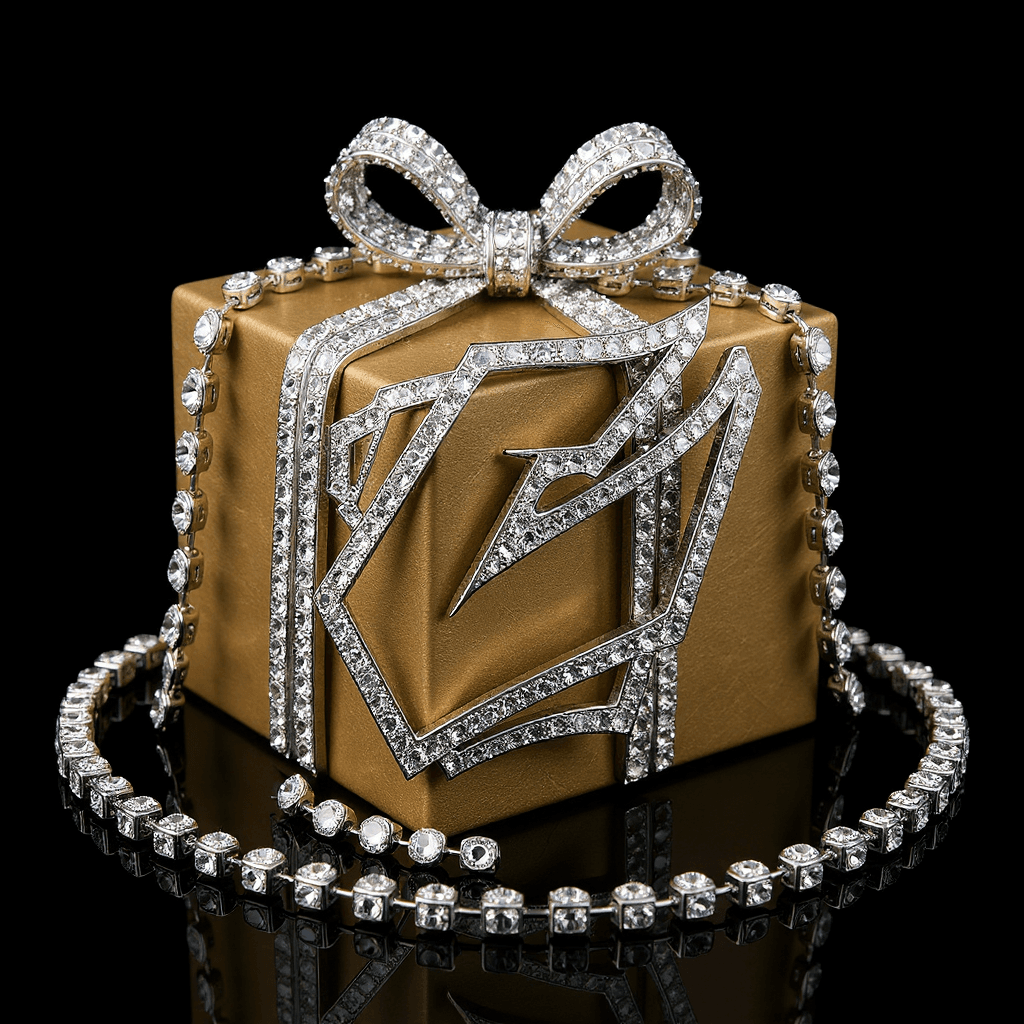 AI generated: CREATE A 3D PRESENTATION WITH BIG BLING BLING CHAIN ICED OUT, WITH THIS LOGO, ICED OUT,