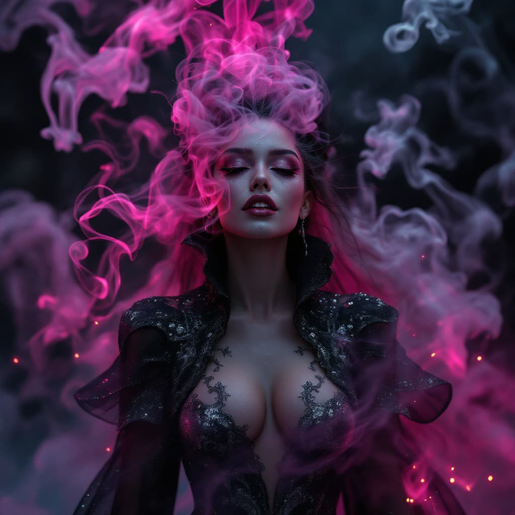 AI generated: In the center of the frame stands a sultry divine element, her skin aglow with ethereal light, The p...