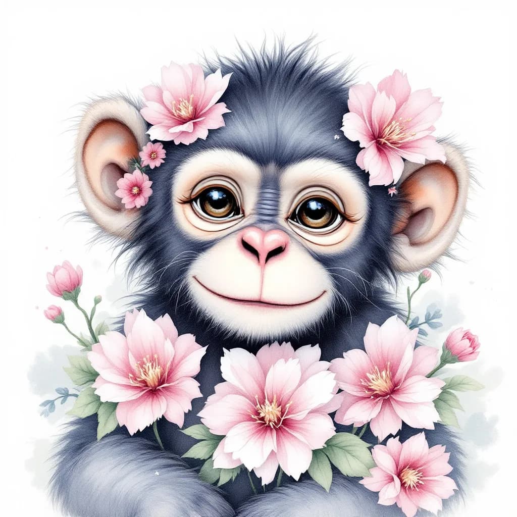 AI generated: water color monkey wallpaper with pink flowers and white bows
