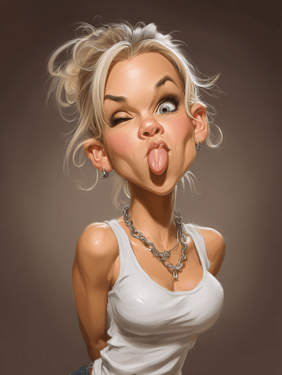 AI generated: funny caricature, cheeky blond girl caricature, young caucasian female, 21 years old, blonde hair, p...
