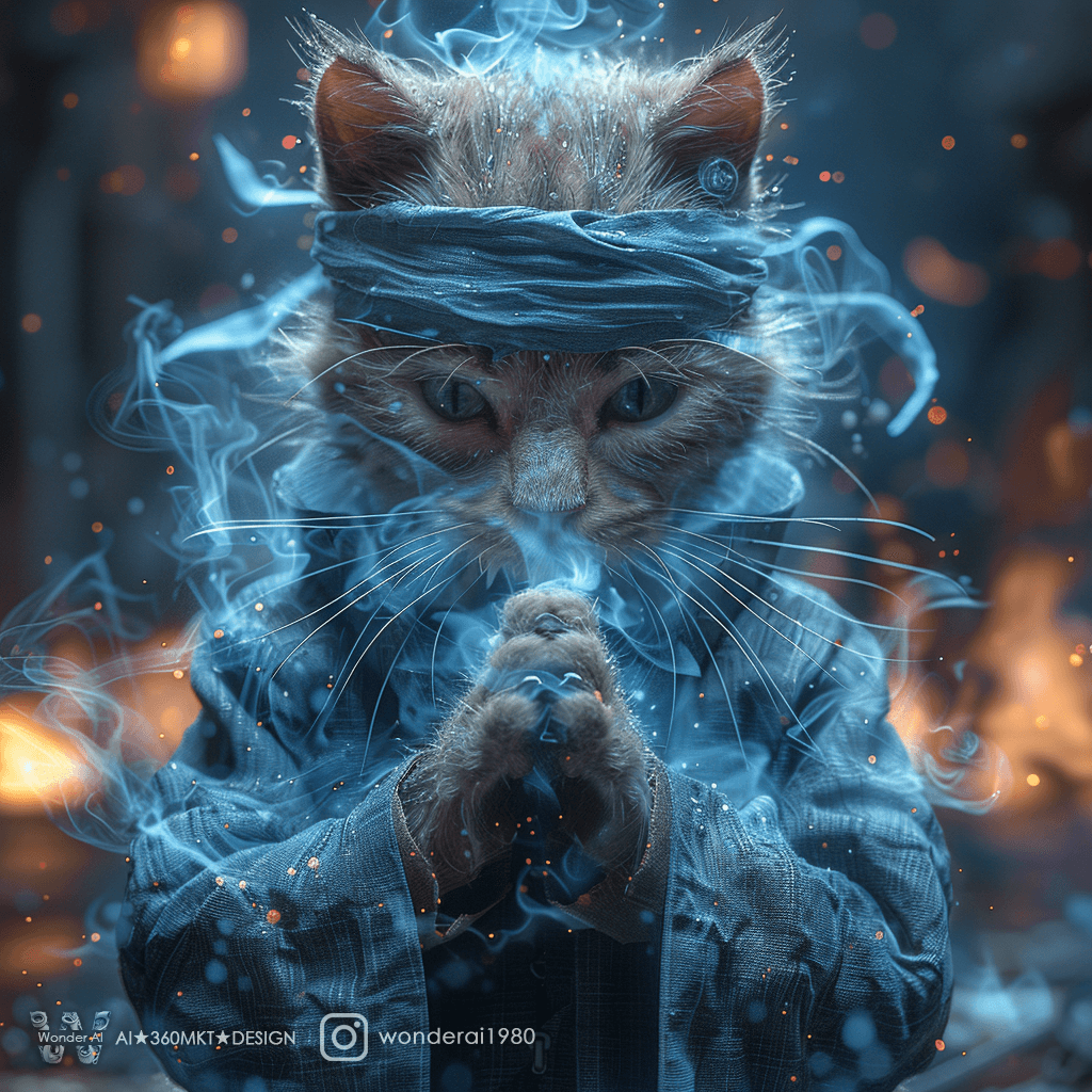 AI generated:  an anthropomorphic cute cat wearing [ninja outfit : Gray ninja jacket, gray ninja pants, blue scale...