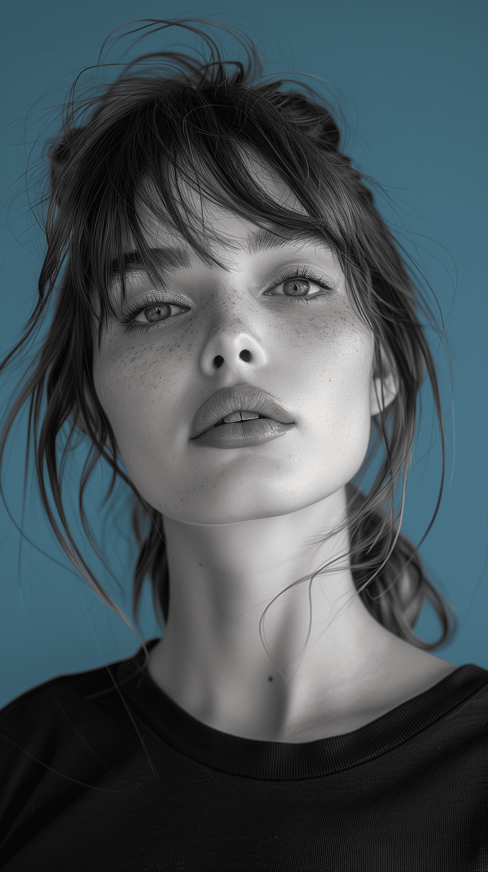 AI generated: photography, concept image, candid shot, model is black and white and the background is colored, upp...