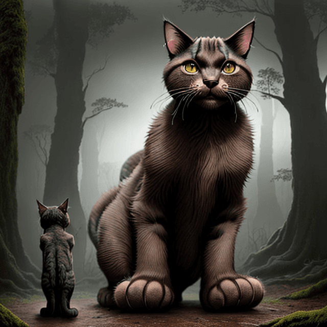 AI generated: front  view of a nice, wise, gloomy,  giant,  brown very old cat standing on rare paws in a  prehist...