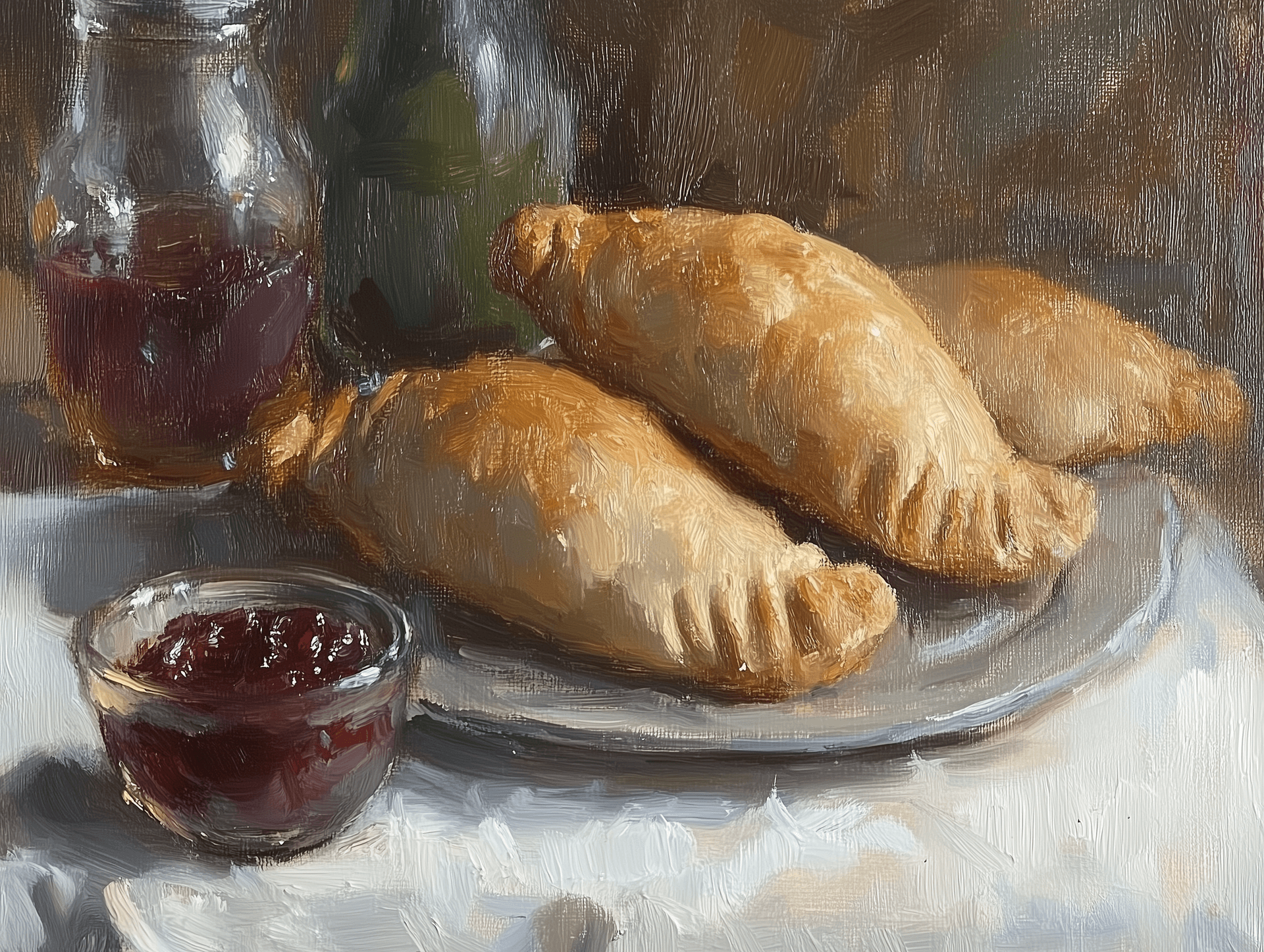 AI generated: Oil painting of an empanada with jam on the table, in the style of Greg Rutkowski. --ar 4:3 --v 6.1 ...