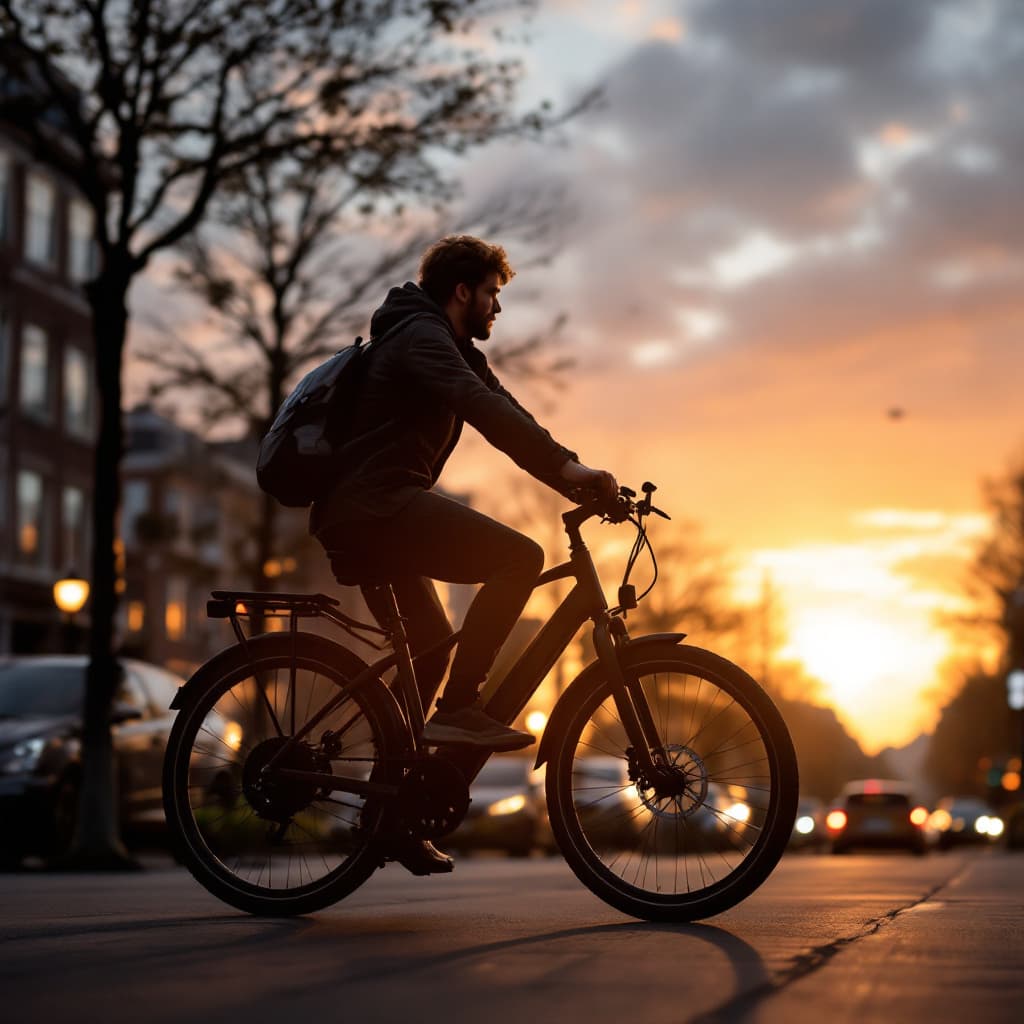 AI generated: Create an image of a guy riding an e-bike of the brand kalkhoff. the guy rides on a crowed street in...