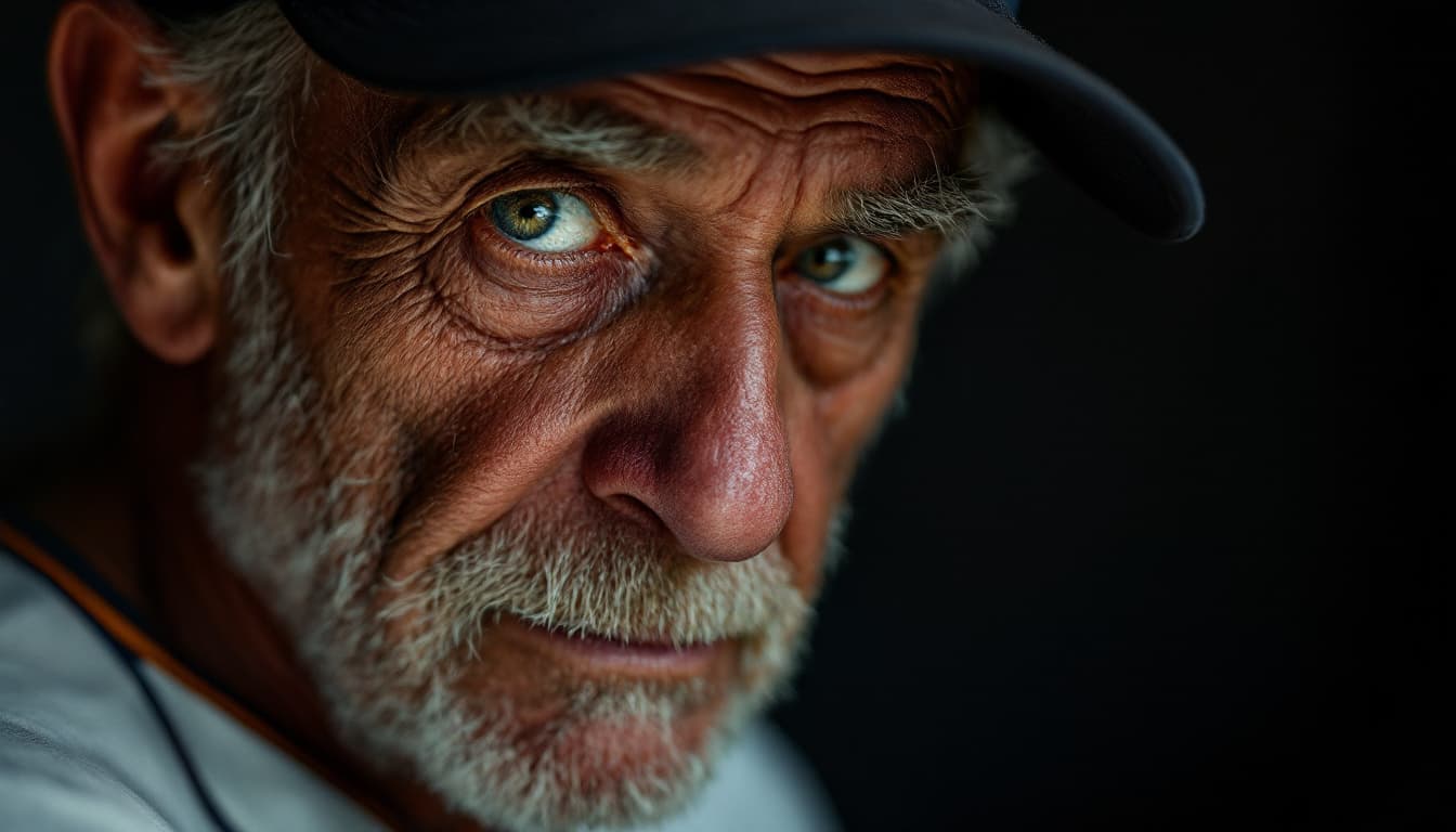 AI generated: commercial photography, face of old tired baseball man, studio light, 8k octane rendering, high reso...