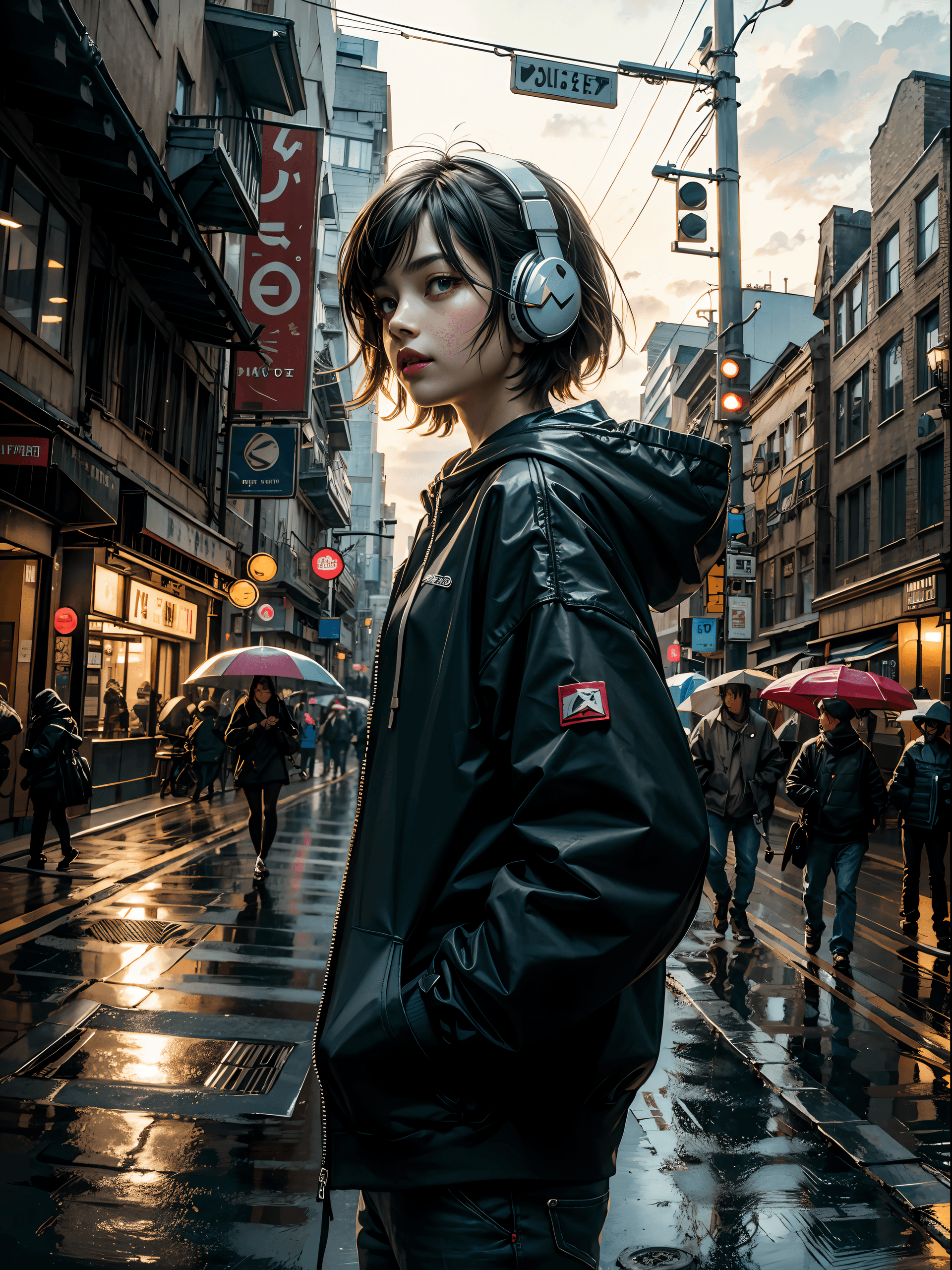 AI generated: masterpiece, girl alone, solo, incredibly absurd, hoodie, headphones, street, outdoor, rain, neon,

