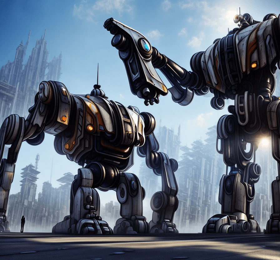 AI generated: a  futuristic iron and white big mech is walking in the street in a wooden favela. Terrified people ...